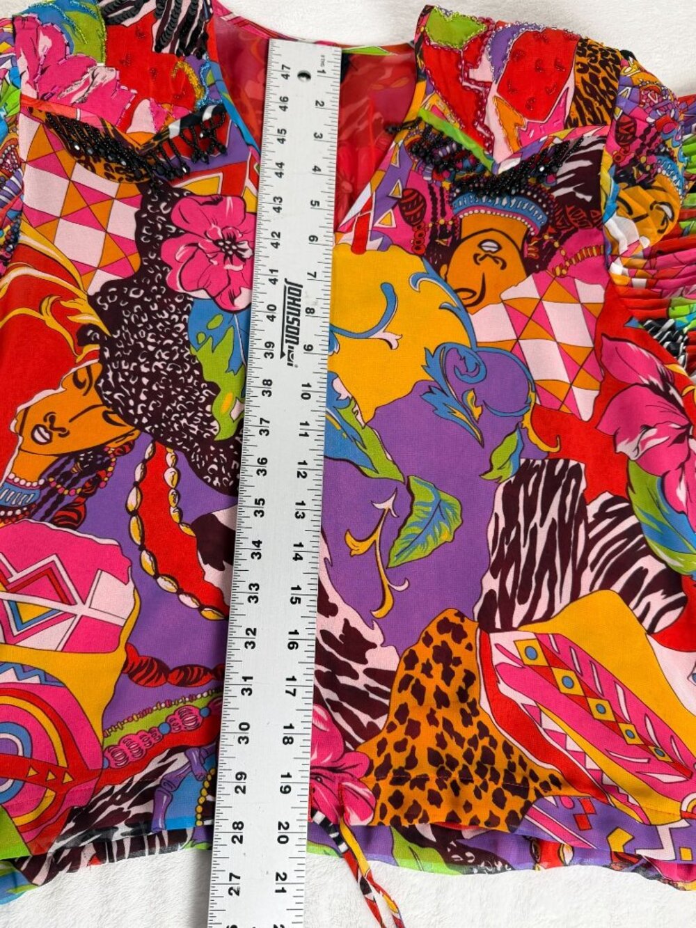 VINTAGE Diane Freis Petites Womens Multicolor Abstract Georgette Beaded Blouse - Picture 9 of 9